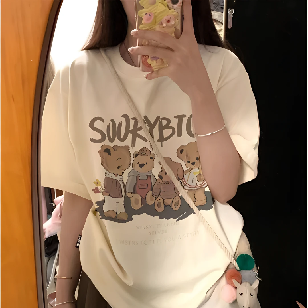 2024夏季百搭夏季新款短袖宽松学生卡通印花t恤女ins韩版小众上衣
