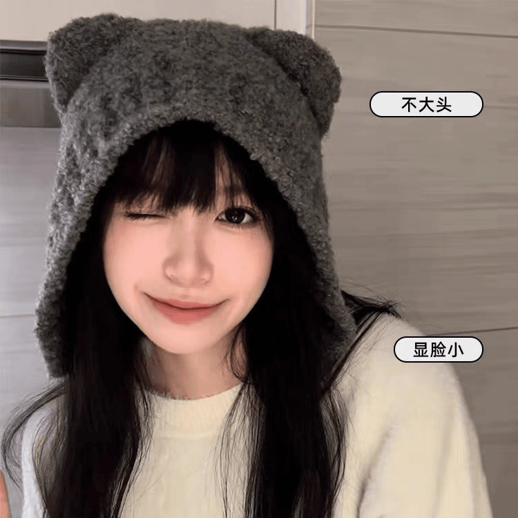 2024秋冬季新款百搭保暖毛线帽可爱小熊帽子女灰色护耳针织帽