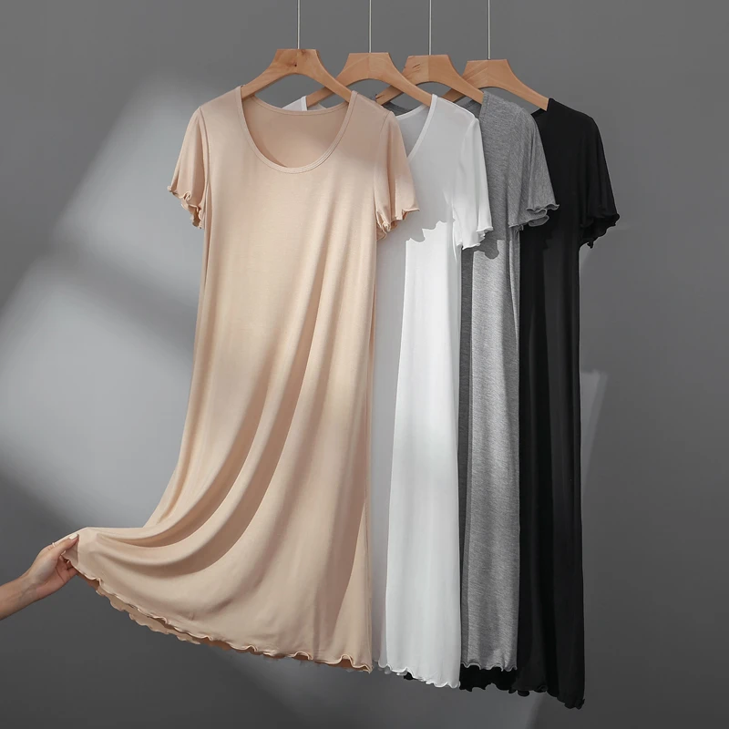 大码短袖睡裙女夏季薄款打底裙宽松显瘦内搭防透衬裙居家睡衣裙