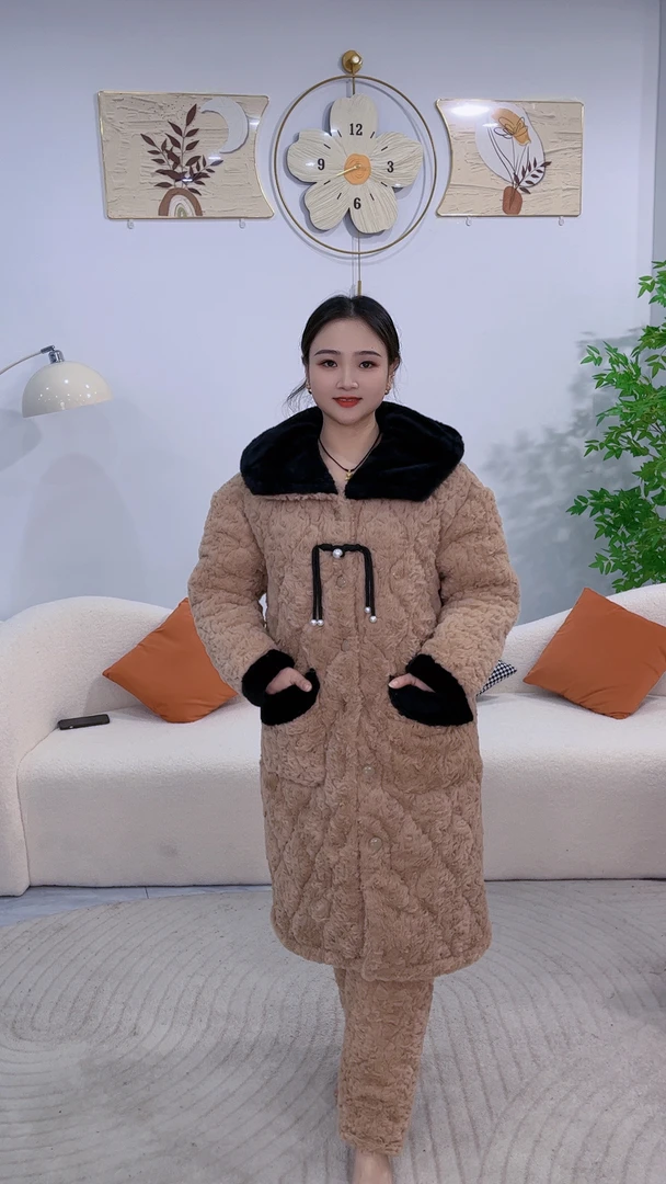 2024冬季新款家居服加绒加厚家居服长款家居服中长款保暖女士连帽