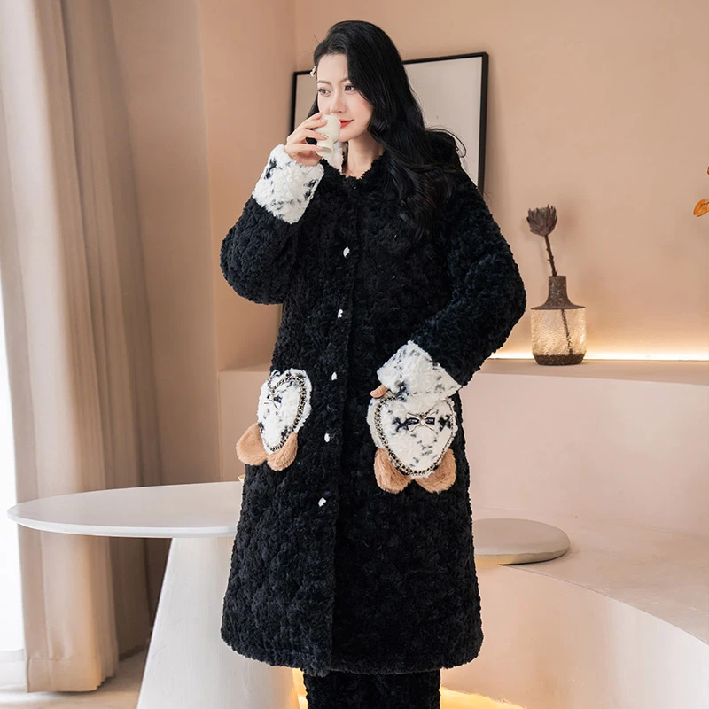 2024冬款睡衣女款爆款 新款高级感冬加厚加绒长款家居服连帽保暖