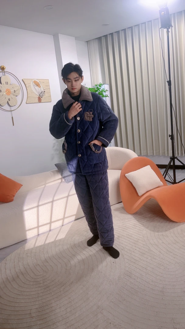 冬季牛奶绒男士睡衣三层夹棉加厚加绒法兰绒冬款家居服保暖套装