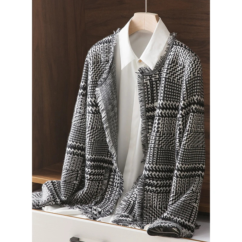 68DH 简约通勤大女主！流苏小香风开衫 千鸟格绵羊毛外套女
