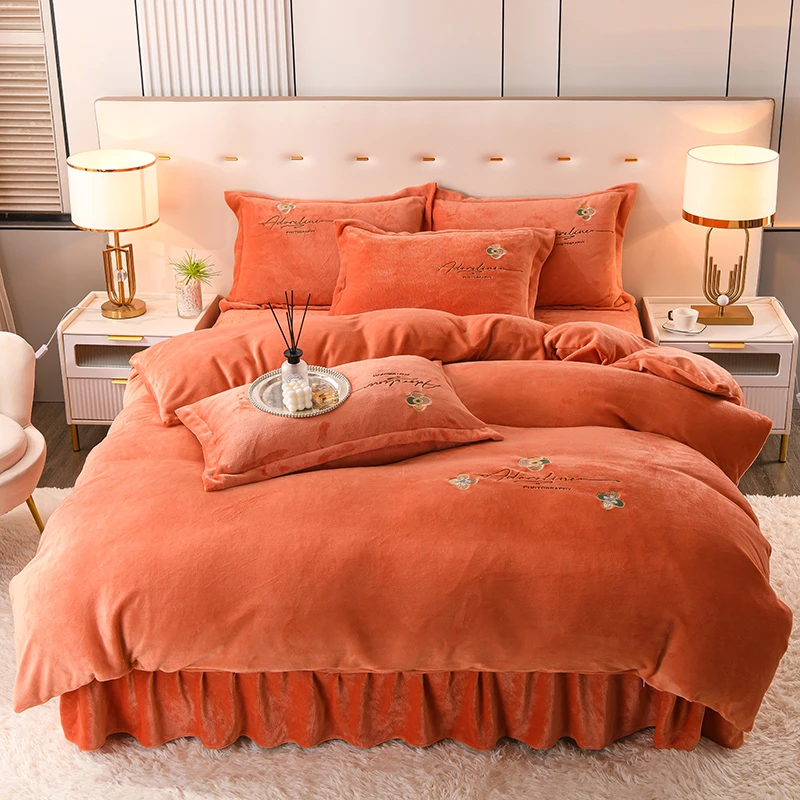 重工刺绣 加绒加厚 床裙款 牛奶绒四件套保暖【床上用品 】纯色轻奢