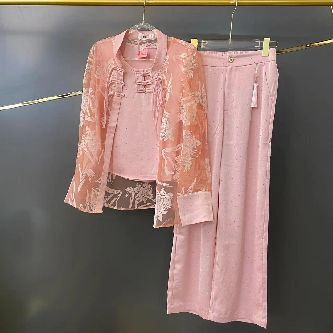 【三件套】国风新中式提花盘扣防晒衫夏季蕾丝休闲女士透气