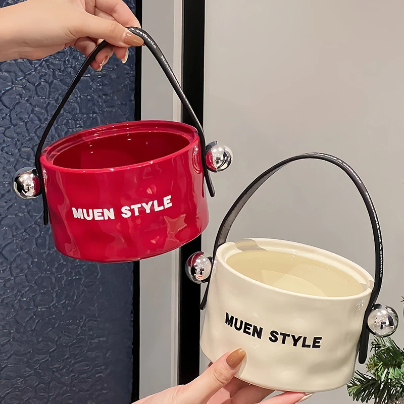 小木头轻奢陶瓷网红水果盘家用客厅零食摆放盘高颜值手提果篮桶