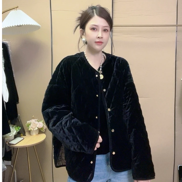 深圳南油慕慕 高端圆领菱格纹真丝丝绒棉服外套