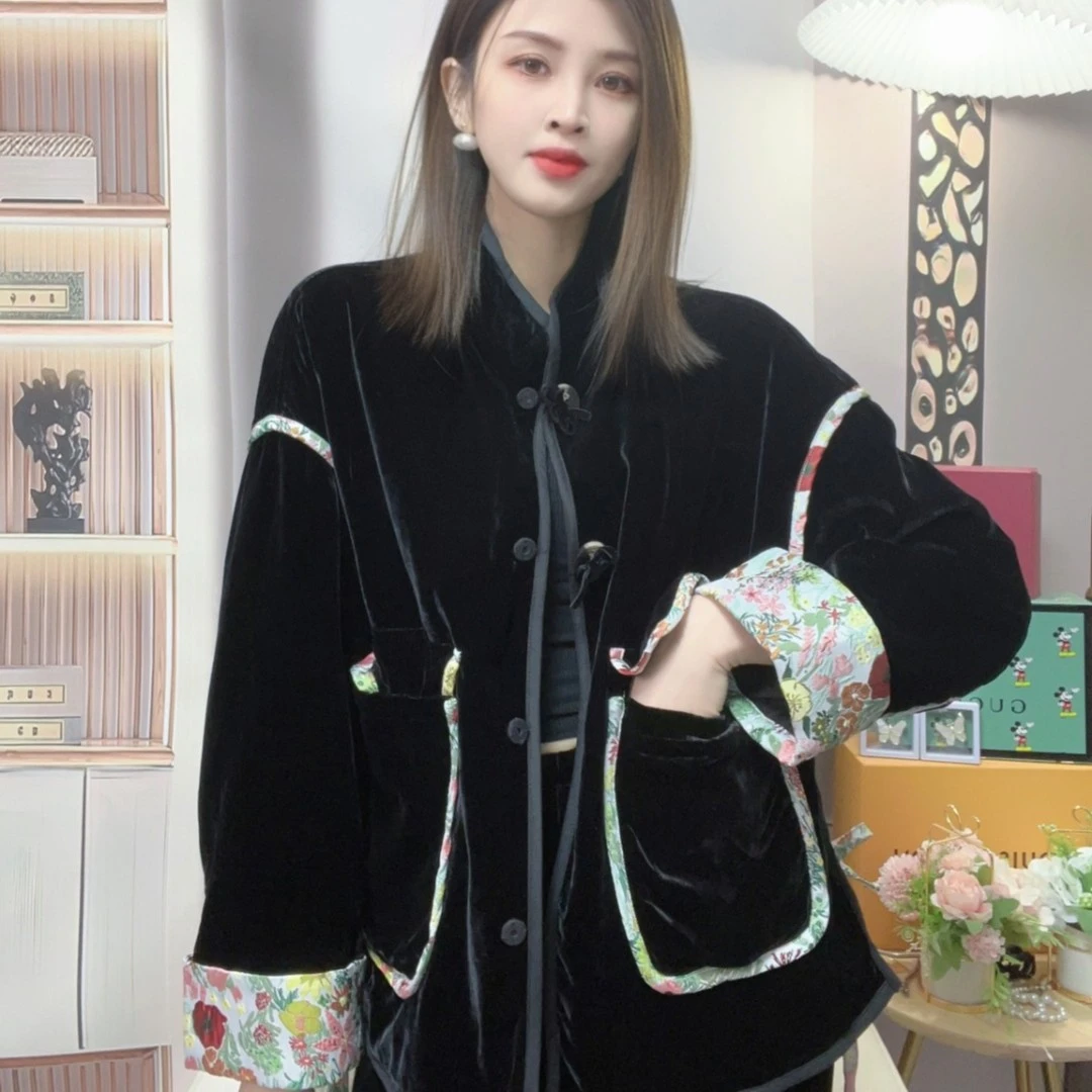 【南油慕慕】2023新款袖子撞色花百高级重工设计师真丝丝绒外套