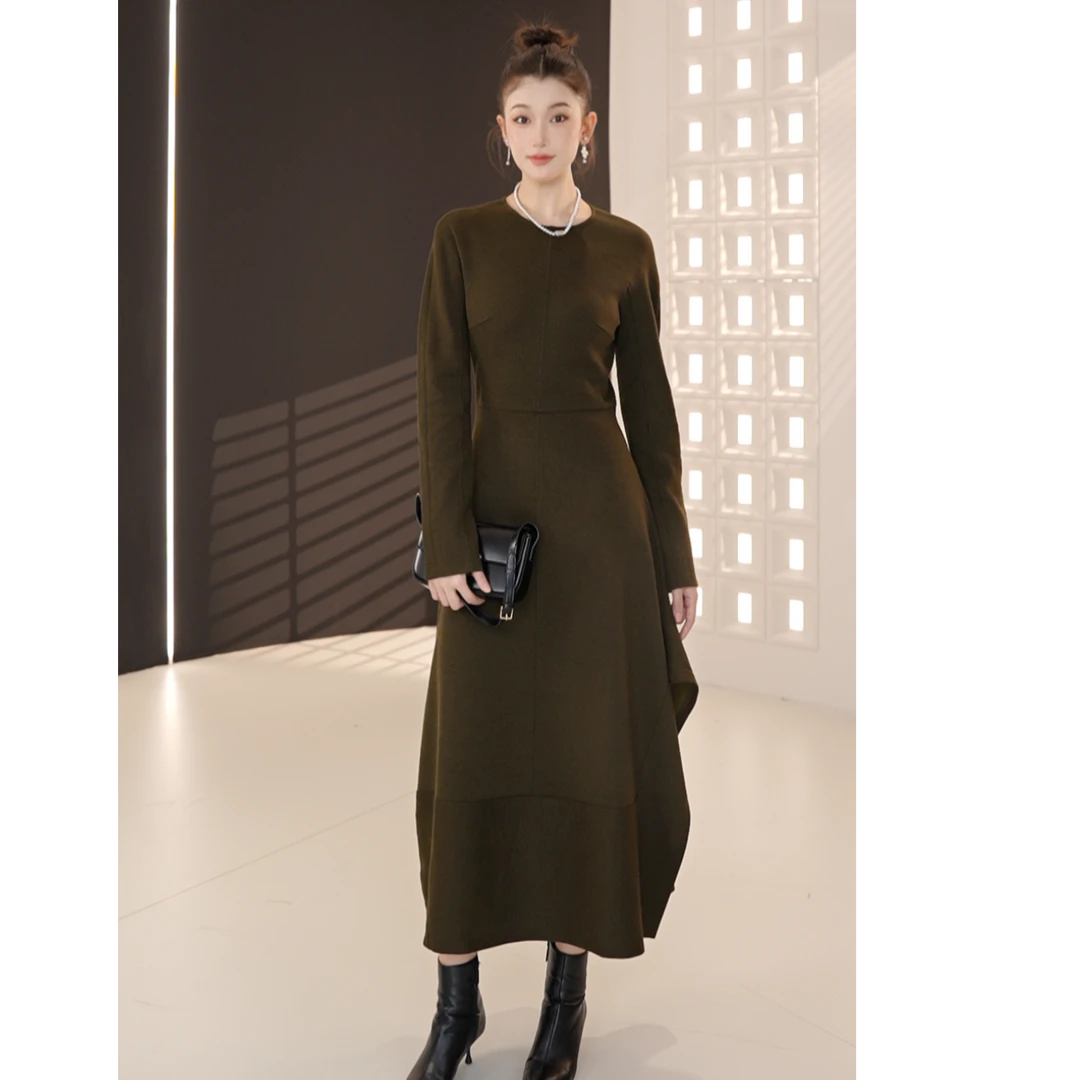 GIRDEAR/哥弟冬季显瘦长袖复古针织优雅中长款套头连衣裙1500551