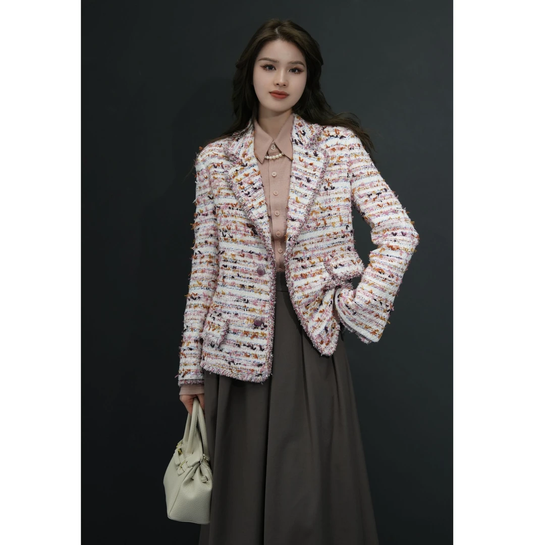 GIRDEAR/哥弟冬季新款时尚百搭气质复古彩色编织小香外套1400805