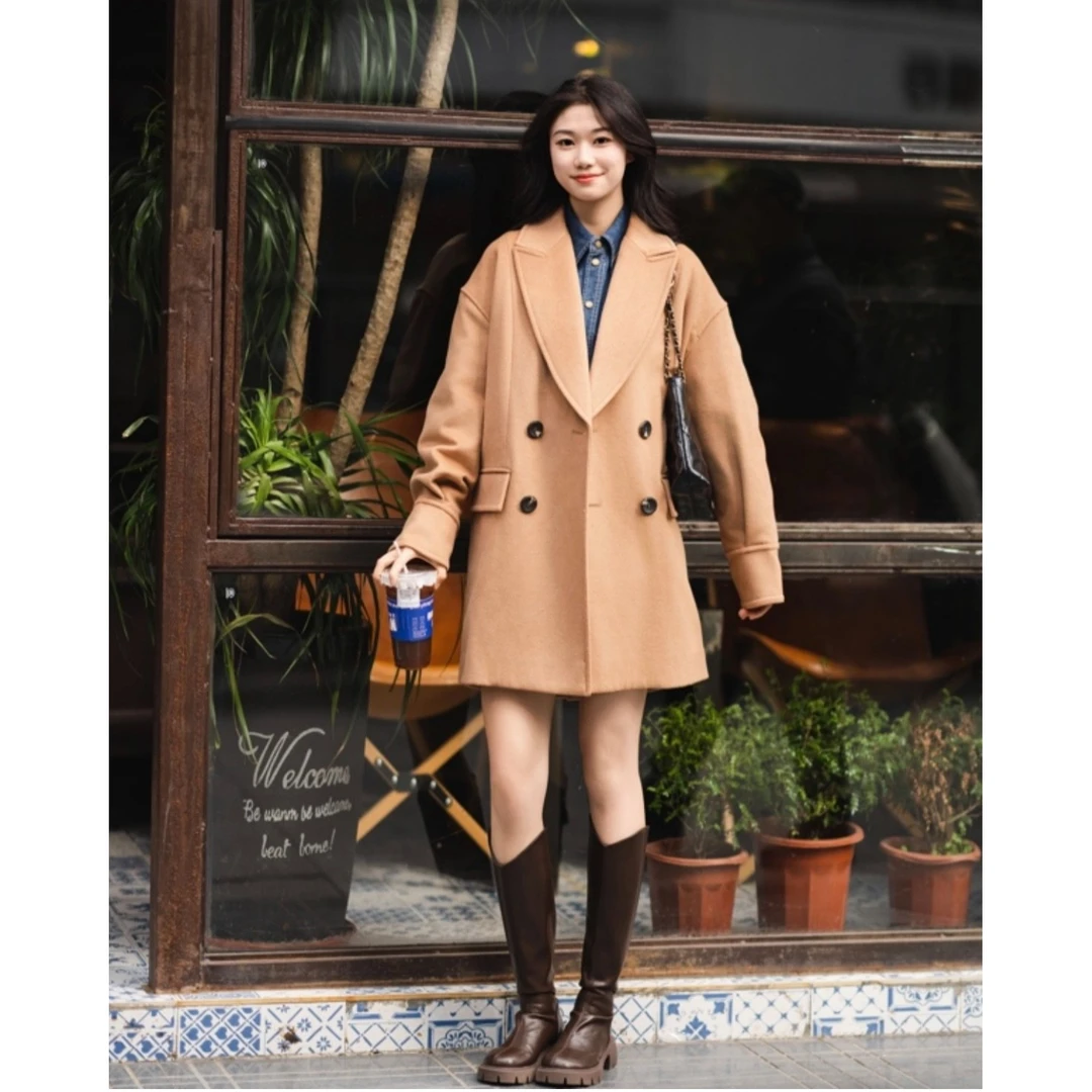 GIRDEAR/哥弟冬季新款时尚百搭休闲羊毛中长款毛呢大衣1400625