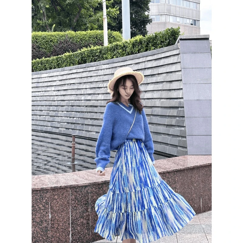 GIRDEAR/哥弟夏季优雅风高腰显白设计感显瘦长款百褶裙1200355