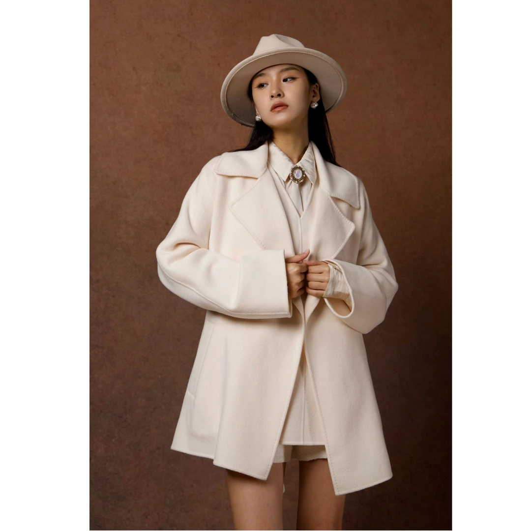 GIRDEAR/哥弟冬季新款无扣翻领宽松厚款双面呢绵羊毛大衣1400735