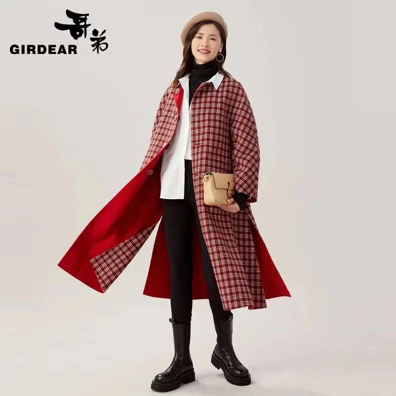 GIRDEAR/哥弟冬季圆领格子复古单排扣两面穿外套1400539