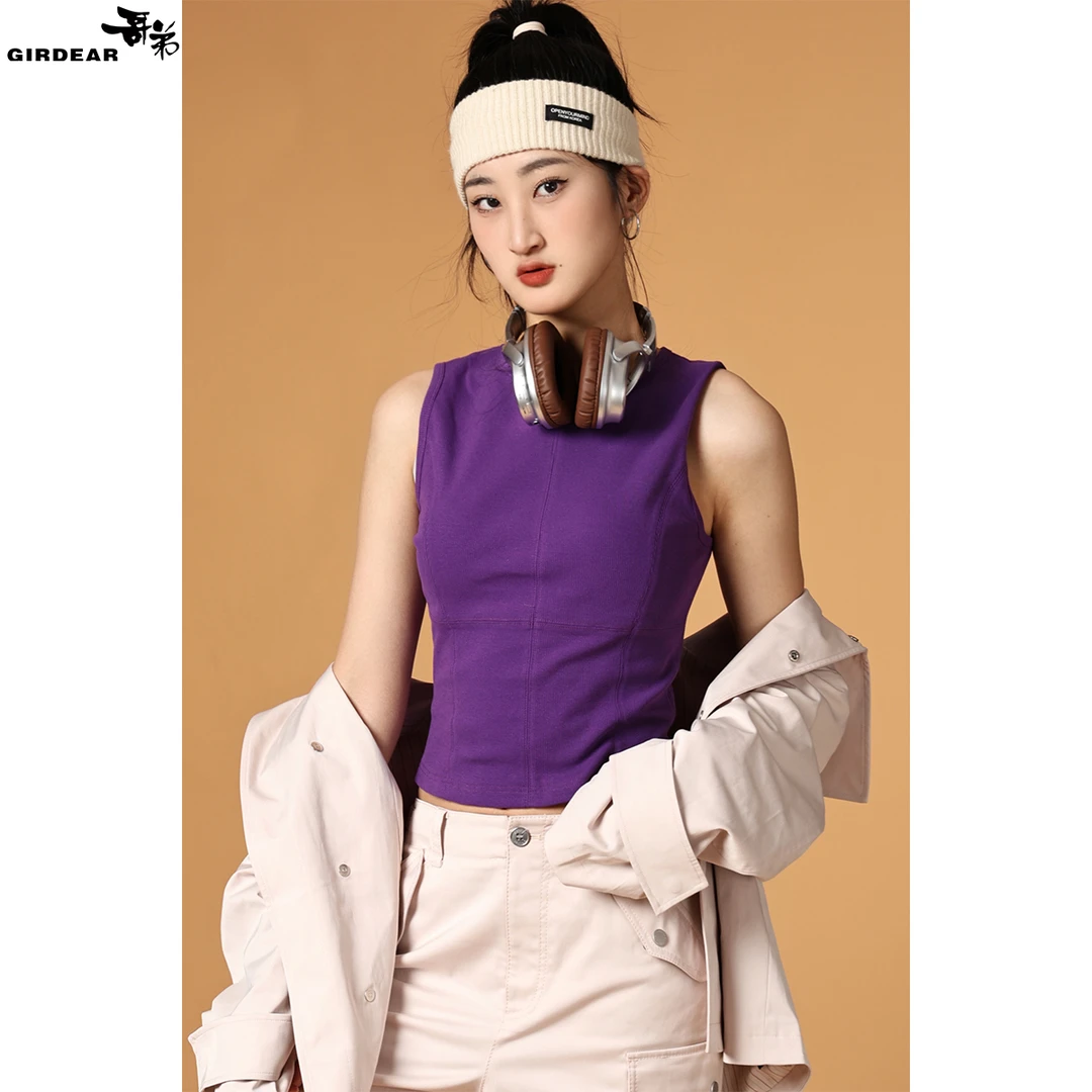 GIRDEAR/哥弟夏季气质百搭修身短款无袖梭织圆领背心1300991