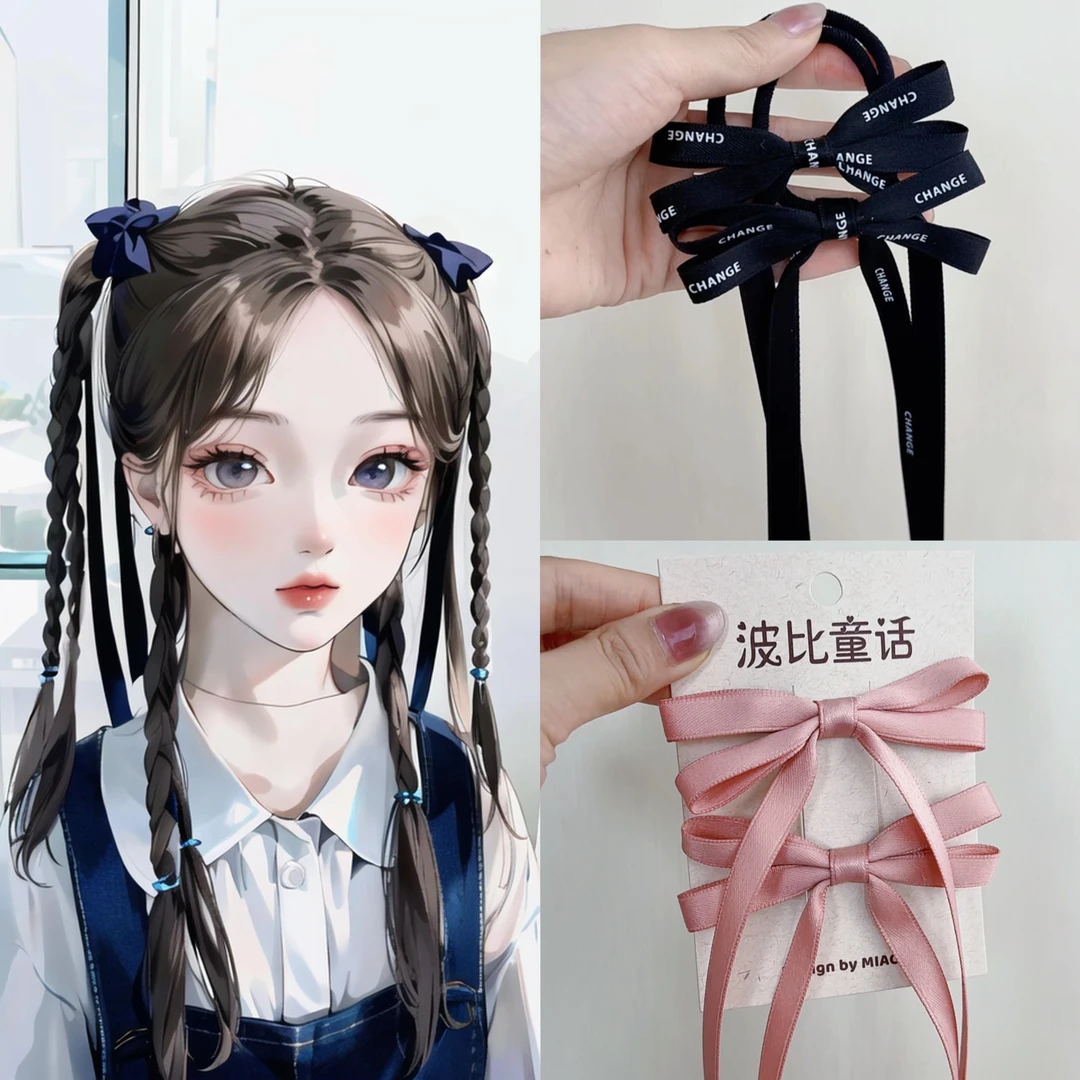 新款字母长款棉质芭蕾少女蝴蝶结发夹顶夹细长飘带边夹鸭嘴夹