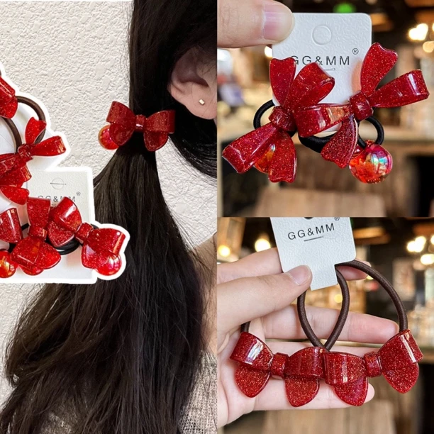 红色系蝴蝶结发绳儿童发饰卡通发圈珠珠扎头绳马尾高弹皮筋头饰品