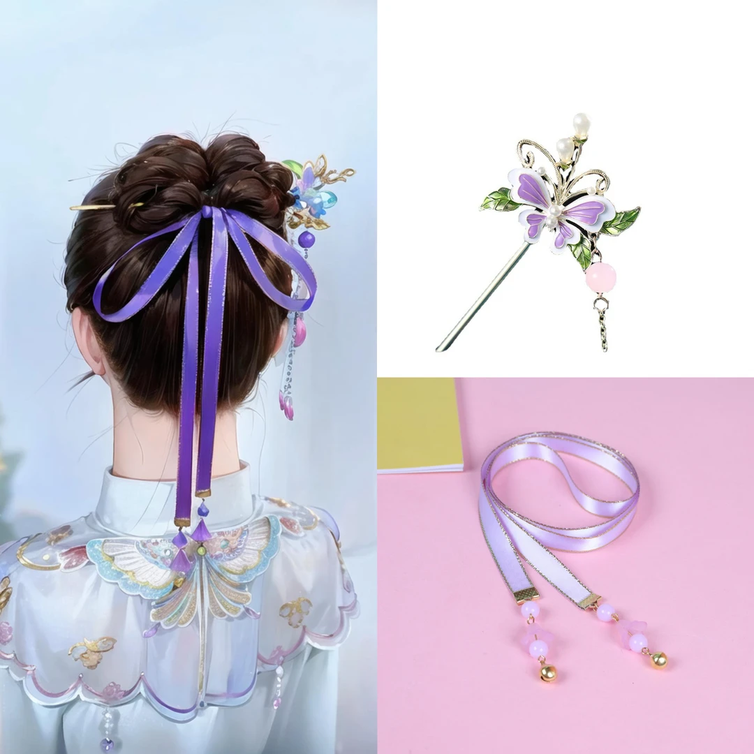 儿童新款中国风古风蝴蝶发簪发钗汉服搭配金属滴油彩色蝴蝶发饰