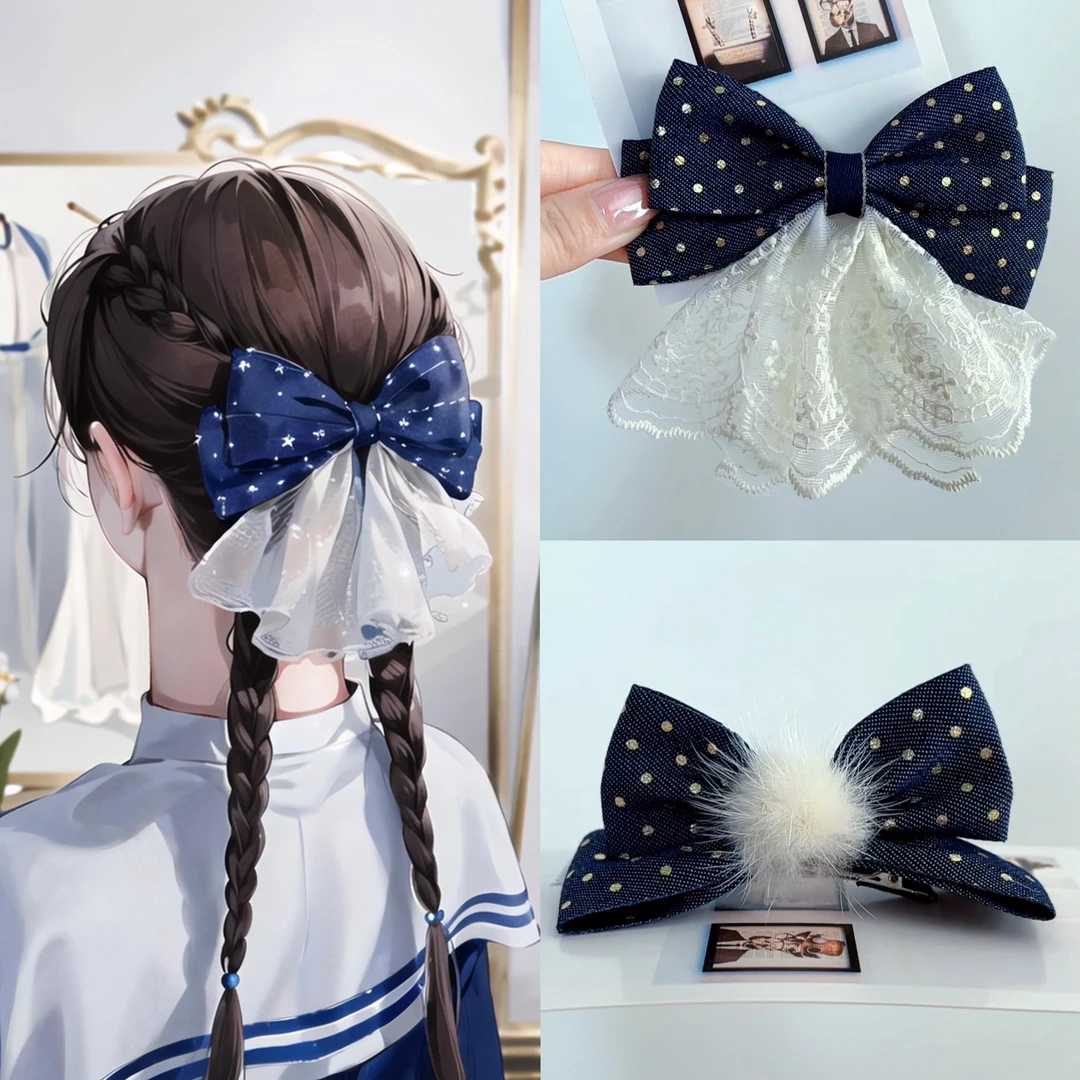 2024秋季新款牛仔布蝴蝶结儿童发夹韩版女童网纱百搭发卡公主发饰