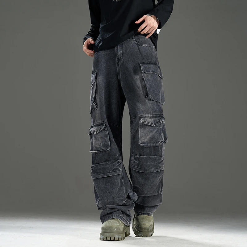 男女同款  重工多口袋设计感休闲宽松做旧复古百搭ins水洗牛仔裤