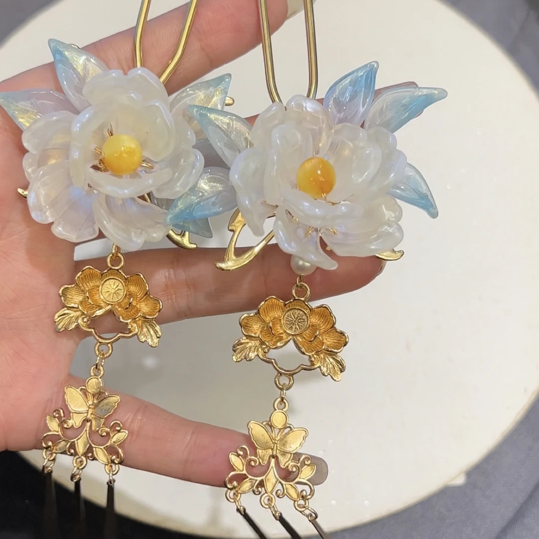 月色山茶流苏步摇汉服发簪古风汉服配饰
