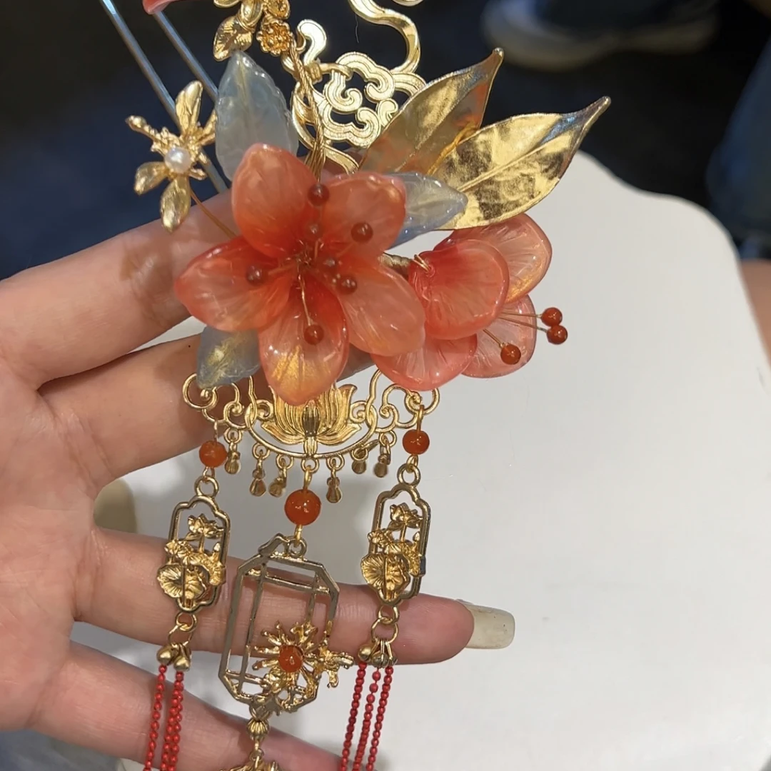 直播间（相思曲）凤凰花新中式红色发簪新款国风古风流苏长款发饰