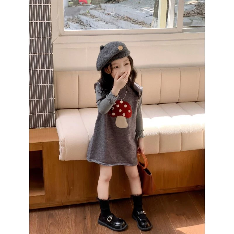 韩版女童可爱蘑菇针织连衣裙2025春秋新款女宝毛衣背心裙子公主裙