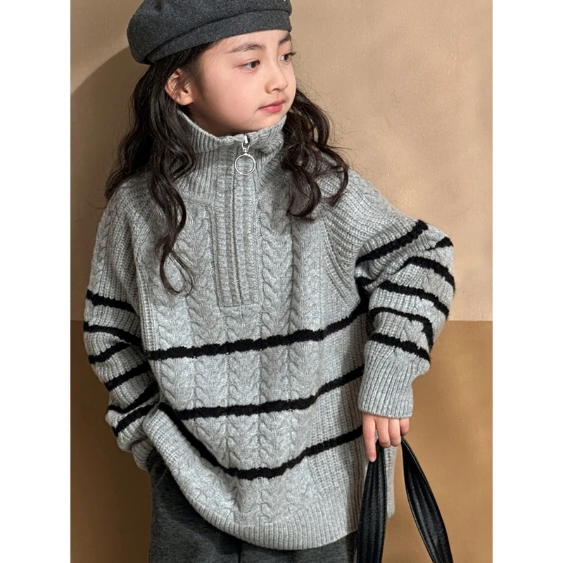 女童毛衣高领针织衫加厚长袖条纹上衣秋冬中大童套头打底衫初中生