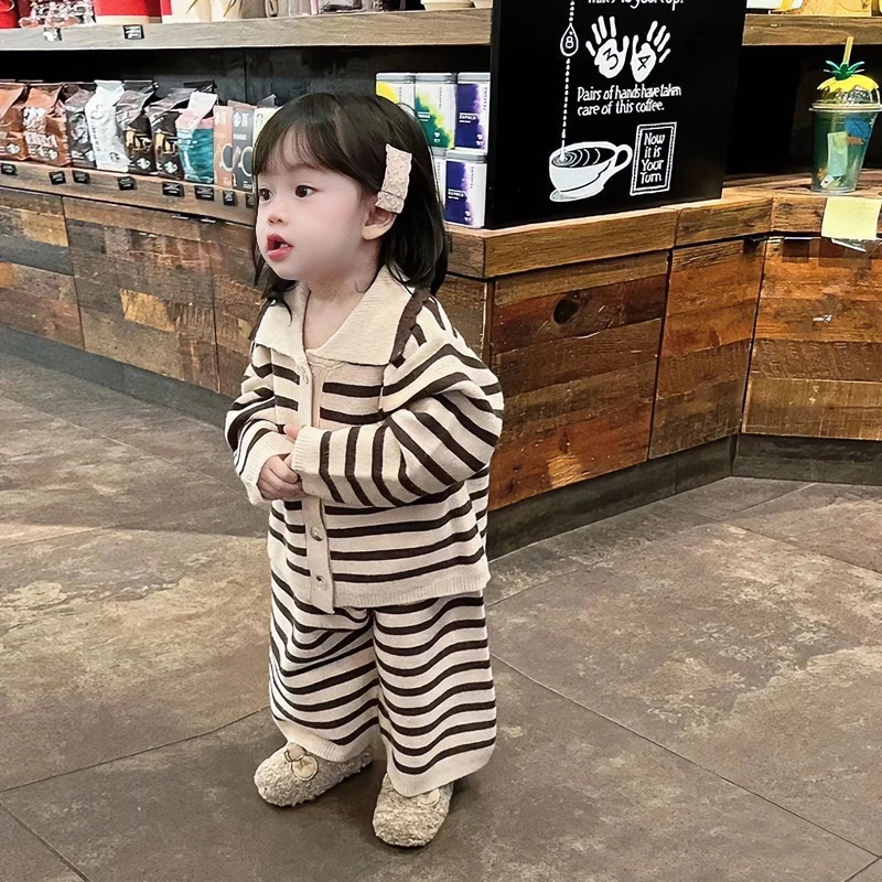 女童2025秋装韩版翻领条纹针织开衫上衣裤子宝宝洋气儿童两件套装