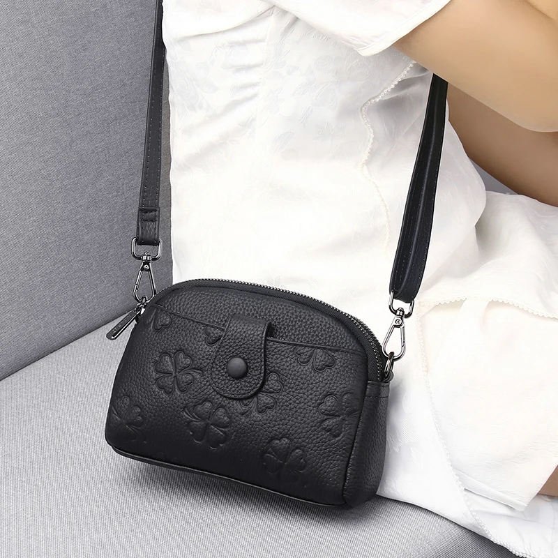 软牛皮女士包包新款时尚四叶草夏季三层小包真皮斜挎包中年妈妈包