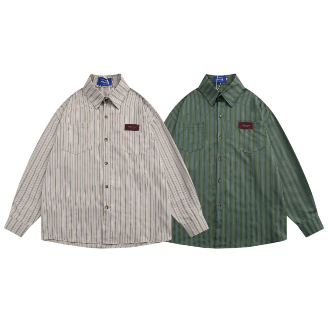 NONSEXIST美式复古竖条纹长袖衬衫日系百搭宽松休闲衬衫外套男女