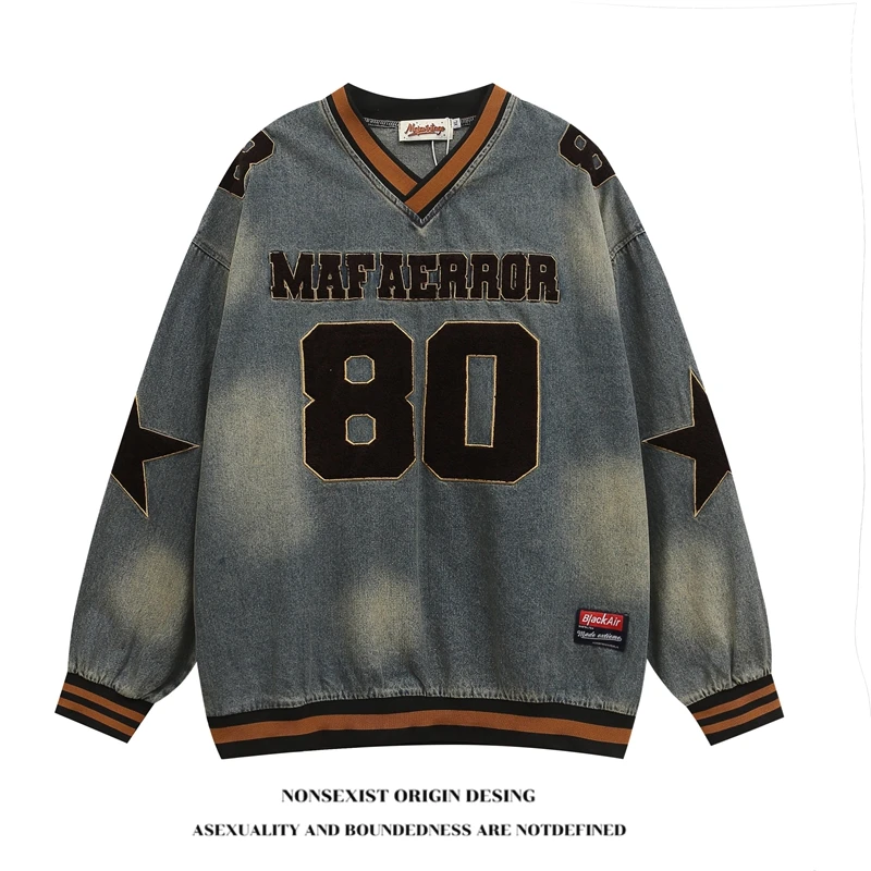 NONSEXIST 原创复古水洗做旧星星贴布绣牛仔V领宽松休闲情侣卫衣