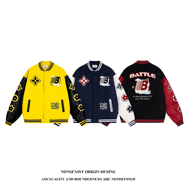 NONSEXIST 美式字母重磅刺绣拼色夹棉棒球服男女宽松翻领情侣外套