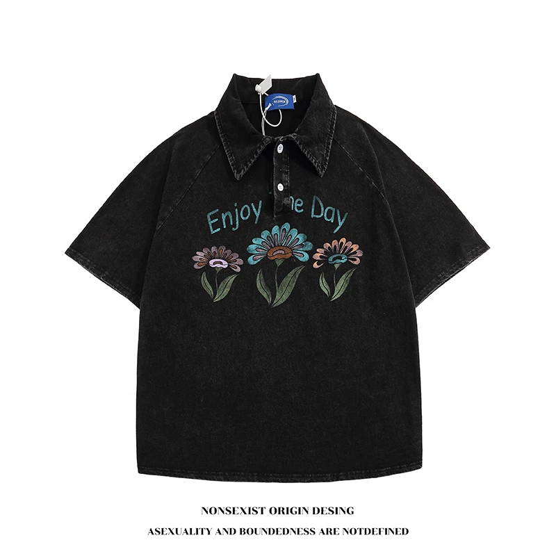 NONSEXIST美式复古水洗T恤夏季学院风宽松显瘦短袖polo衫短袖上衣