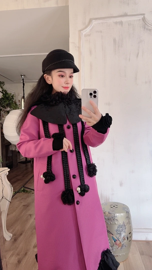 安霓王妃【魔法屋】原创私服定制加厚冬款新款花瓣领显瘦长款外套