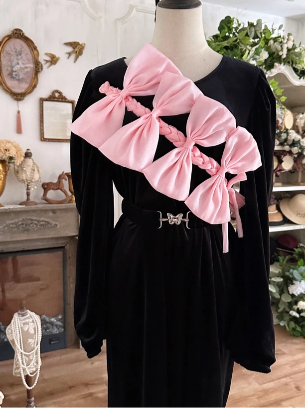 安霓王妃【芭蕾公主】原创私服手工蝴蝶结百搭秋冬丝绒显瘦连衣裙