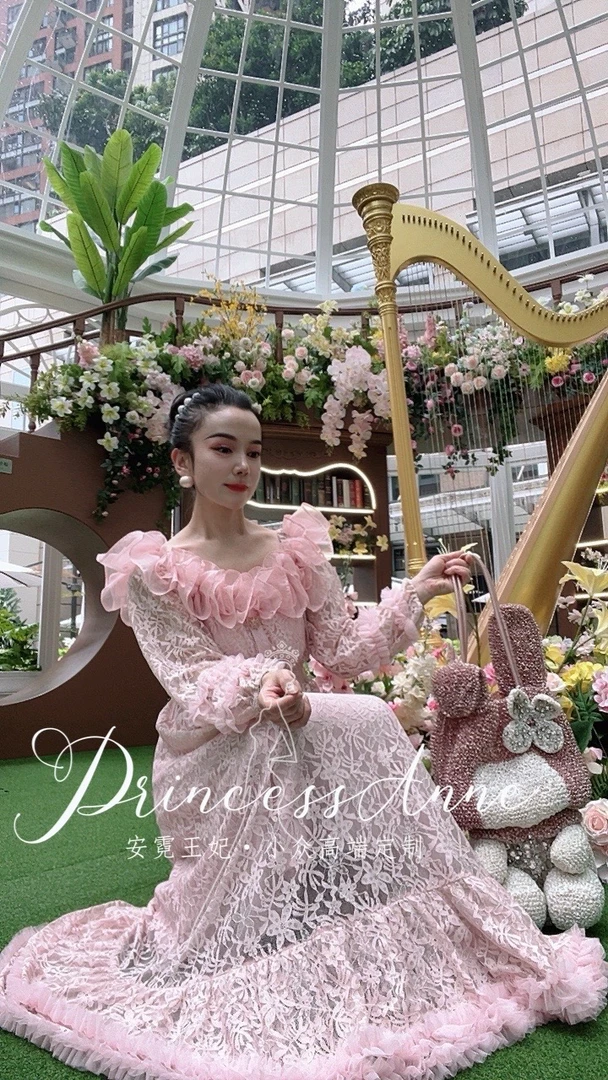 安霓王妃【温柔以待】原创私服定制法式花瓣浪漫公主蕾丝大摆连衣裙