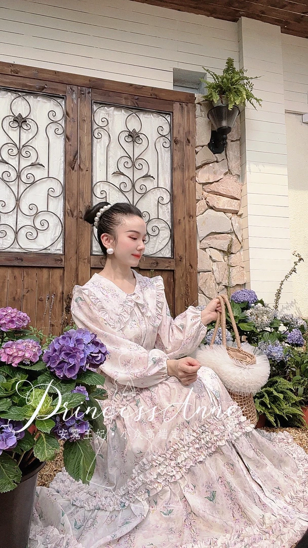 安霓王妃【莫奈花园】原创设计款法式差歇荷叶领收腰大摆连衣裙