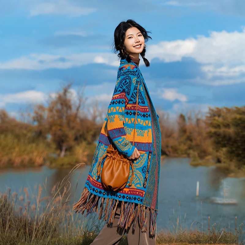 1058 #云南旅行民族风针织毛衣女外套上衣保暖加厚宽松中长款开衫