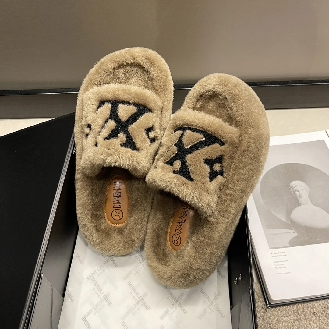 厚底毛毛拖鞋女2023新款外穿时尚百搭一字保暖棉拖鞋毛绒加绒字母