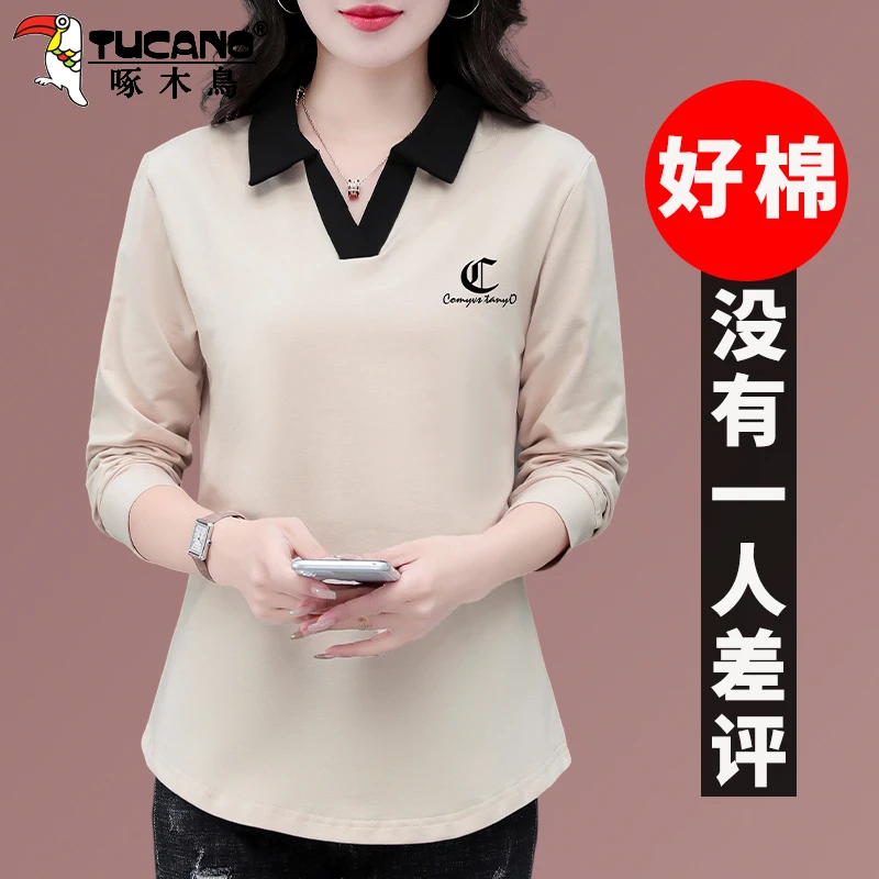 【官方】啄木鸟v领长袖t恤卫衣女款春秋新款中年遮肚显瘦polo领上衣
