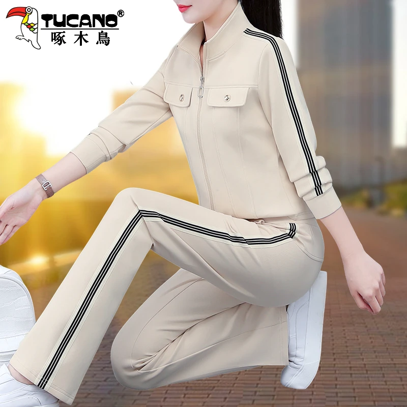 【官方】啄木鸟休闲运动服套装春秋新款妈妈秋装洋气卫衣外套两件套