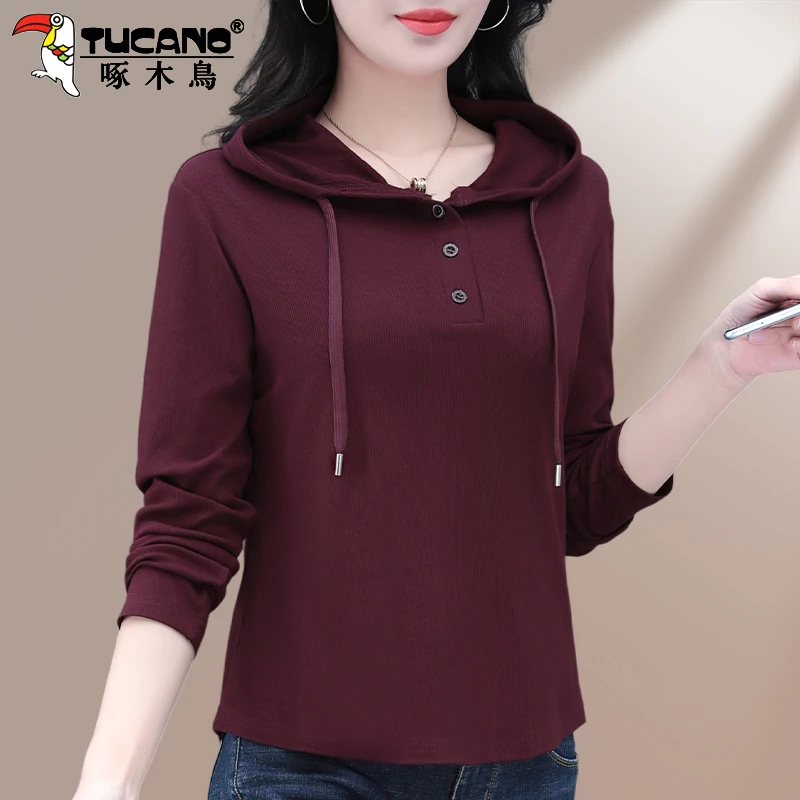 【官方】啄木鸟长袖t恤女卫衣春秋款外穿2025洋气连帽休闲短款上衣