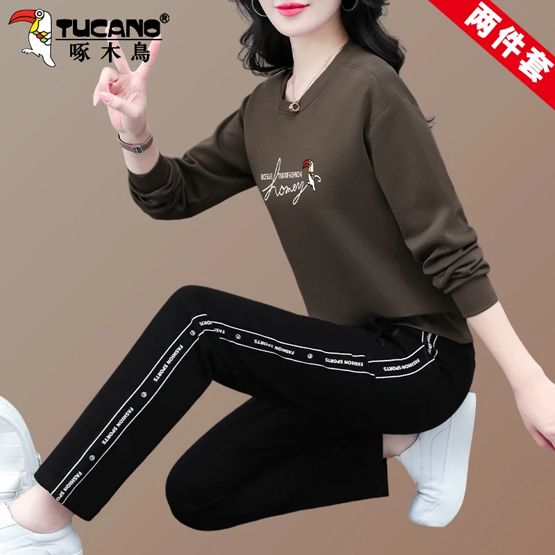 【官方】啄木鸟运动服套装女春秋新款宽松休闲妈妈秋装卫衣两件套