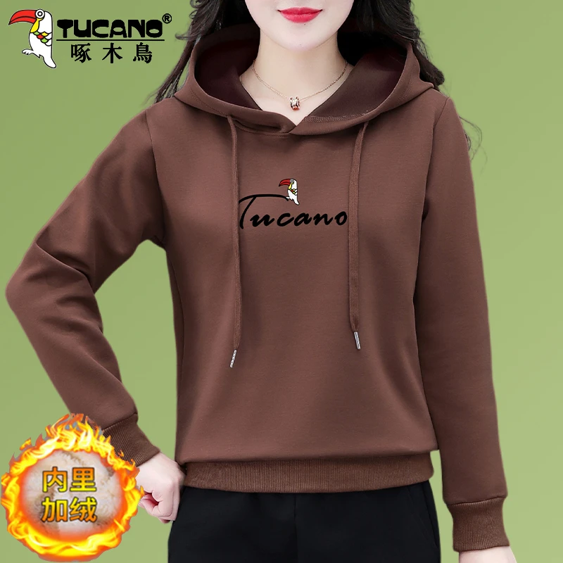 【官方】啄木鸟休闲卫衣女士加绒春秋新款秋冬保暖连帽短款小个上衣