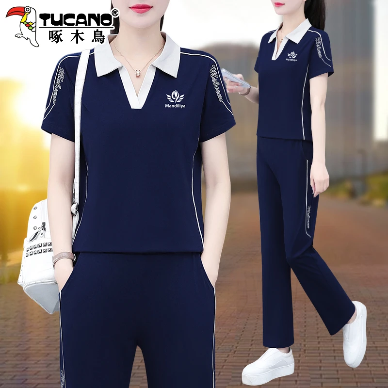 【官方】啄木鸟休闲洋气运动服夏装女中年妈妈时尚短袖宽松两件套