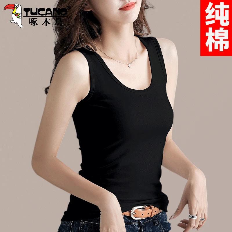 【官方】啄木鸟黑色吊带背心女夏季新款纯棉无袖打底内搭外穿上衣