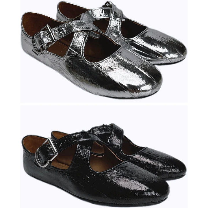 鳗鱼皮单鞋女士2024平底芭蕾舞鞋交叉扣带复古配裙子舒适玛丽珍鞋