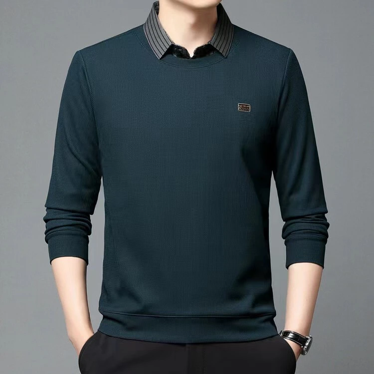 【加绒加厚】老爷车男士冬季保暖假俩件针织衫爸爸装衬衫领商务休闲