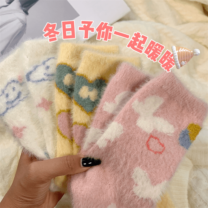 秋冬云朵仿水貂绒加厚保暖加绒中筒袜卡通可爱甜美堆堆袜日系ins